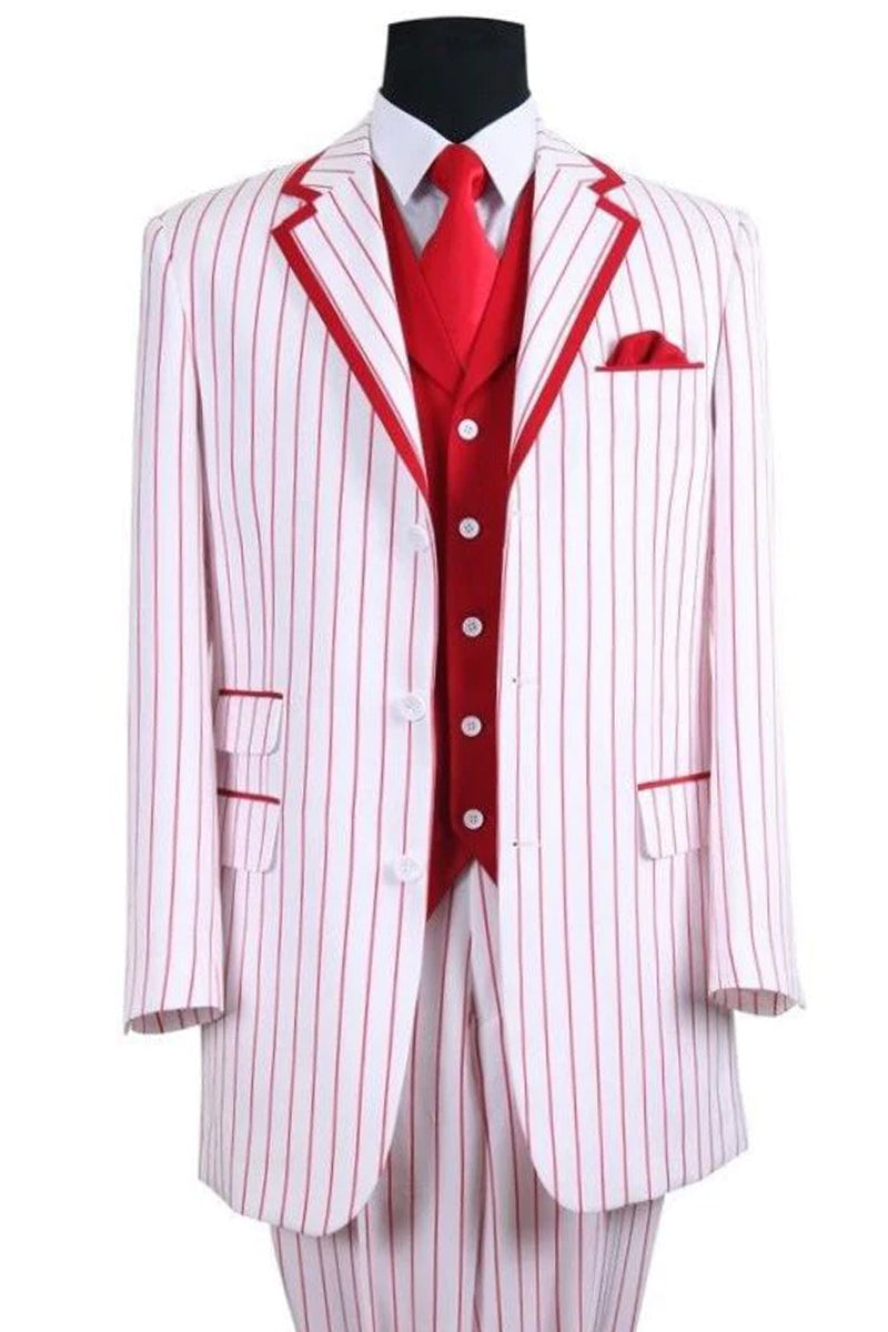 Mens 3 Button Vested Barbershop Quartet Suin in White with Red Pinstripes
