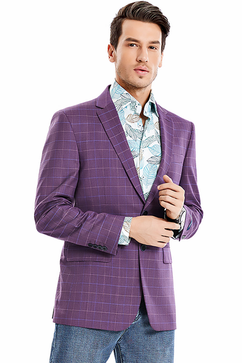 Men's Two Button Regular Fit Windowpane Plaid Sport Coat Blazer in Magenta