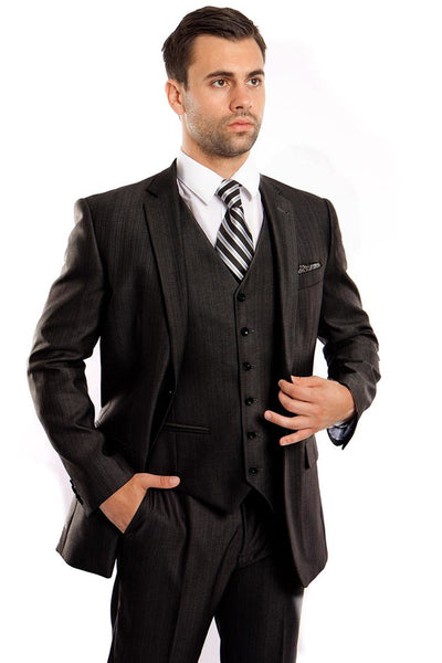Men's Two Button Vested Textured Sharkskin Business Suit in Black