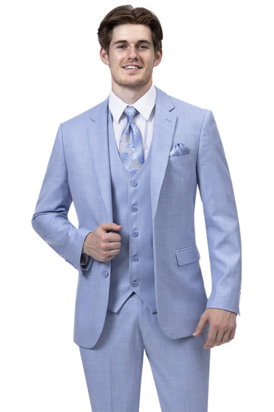Mens Modern Fit Two Button Vested Sharkskin Business Suit in Sky Blue