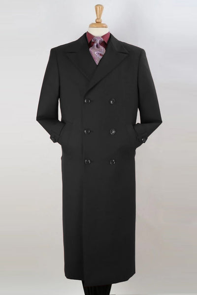 Mens Double Breasted Long Wool Gaberdine Overcoat in Black