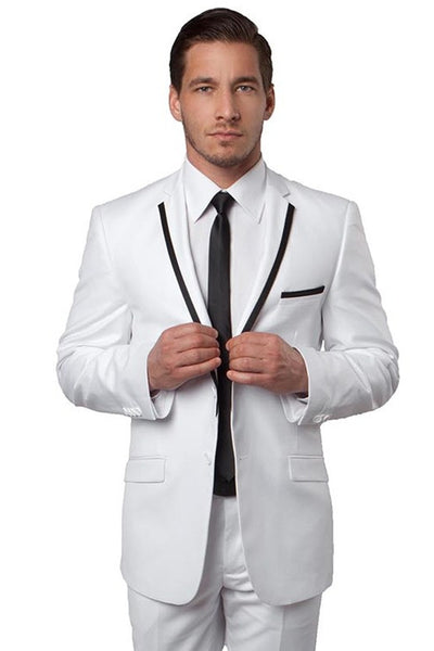Men's Two Button Slim Fit Wedding & Prom Tuxedo Suit in White with Black Piping
