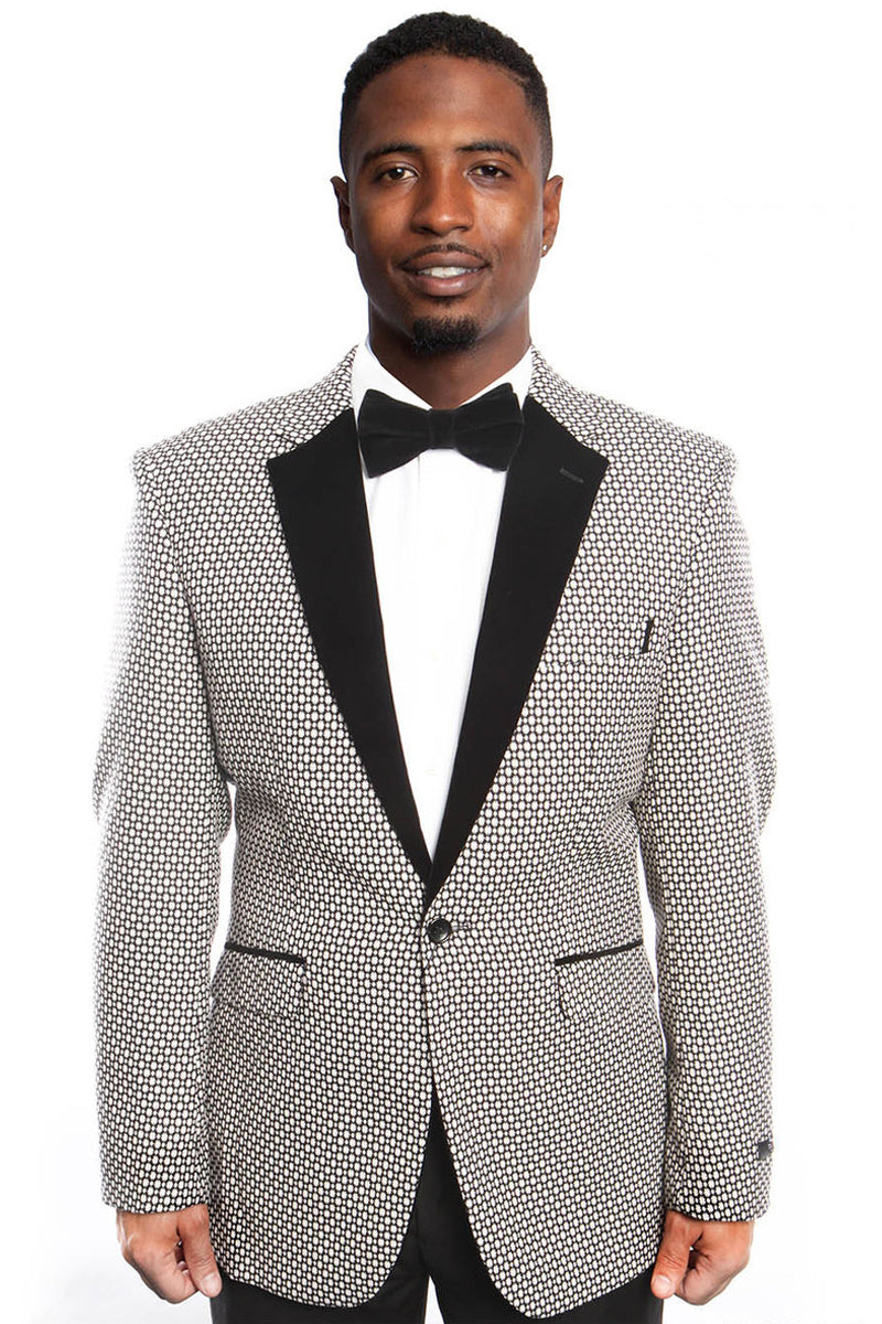 Men's Slim Fit Black & White Birdseye Blazer with Black Velvet Lapel