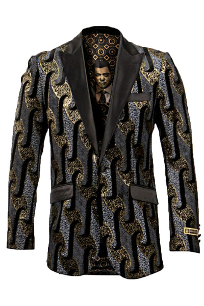 Men's Shiny Shimmery Designer Tuxedo Dinner Jacket in Black, Silver, & Gold Foil