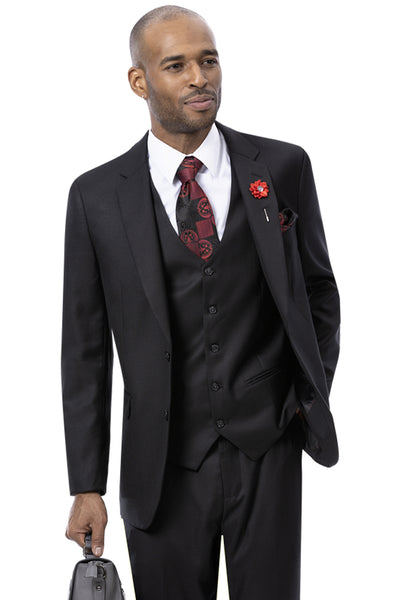 Mens Modern Fit Two Button Vested Sharkskin Business Suit in Black