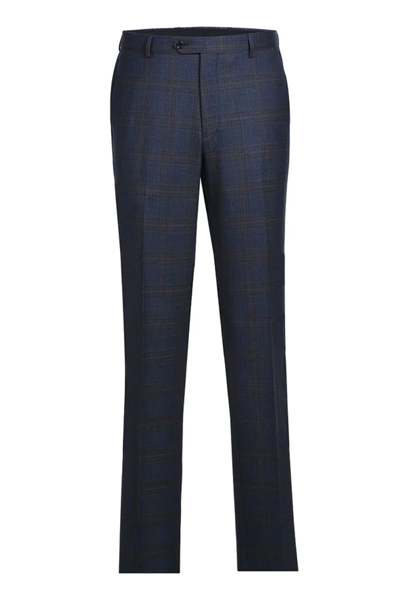 Mens Two Button Classic Fit Vested Wool Suit in Brown & Blue Windowpane Plaid