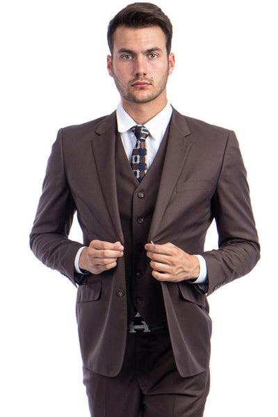 Men's Designer Two Button Modern Fit Vested Wool Suit in Cocoa Brown