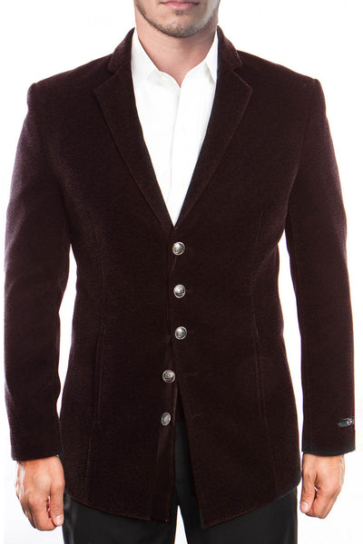 Men's Five Button Vintage Style Velvet Coat in Burgundy