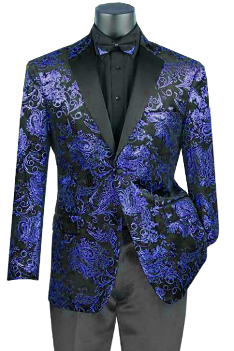 Mens Paisley Velvet Foil Smoking Jacket Tuxedo in Royal Blue