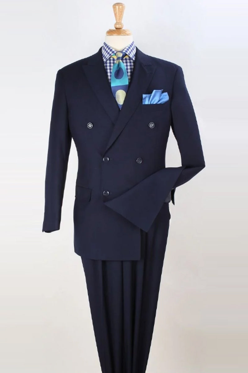 Mens Classic Double Breasted Luxury Wool Feel Suit in Navy