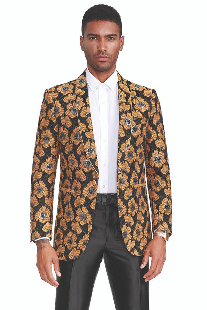 Men's Shawl Collar Sunflower Print Tuxedo Dinner Jacket in Black & Yellow