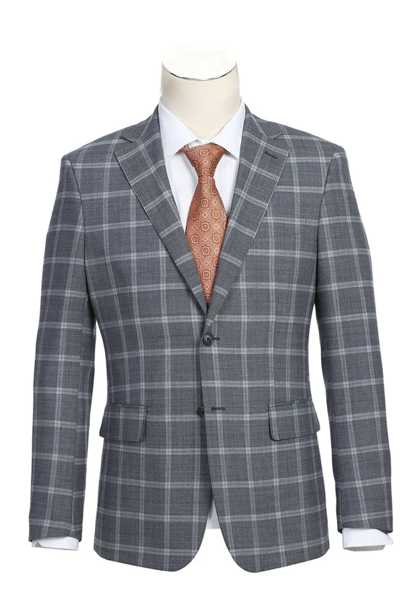 Mens English Laundry Two Button Slim Fit Notch Lapel Wool Suit in Bold Medium Grey Windowpane Plaid