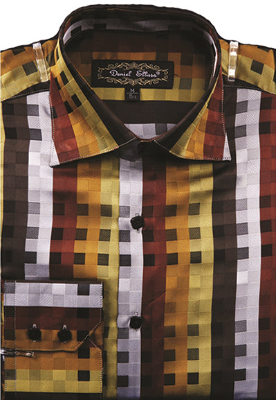 Men's Regular Fit Fancy Tonal Square Pattern Sports Shirt in Brown