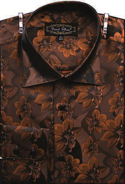 Men's Regular Fit Fancy Tonal Floral Pattern Sports Shirt in Brown