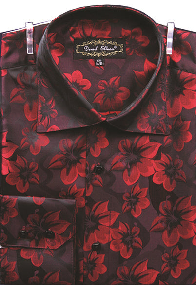 Men's Regular Fit Fancy Tonal Floral Pattern Sports Shirt in Burgundy, XL / Burgundy