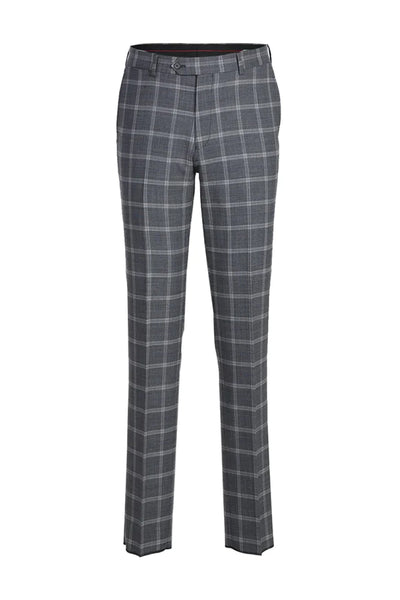 Mens Designer Two Button Slim Fit Notch Lapel Wool Suit in Bold Medium Grey Windowpane Plaid