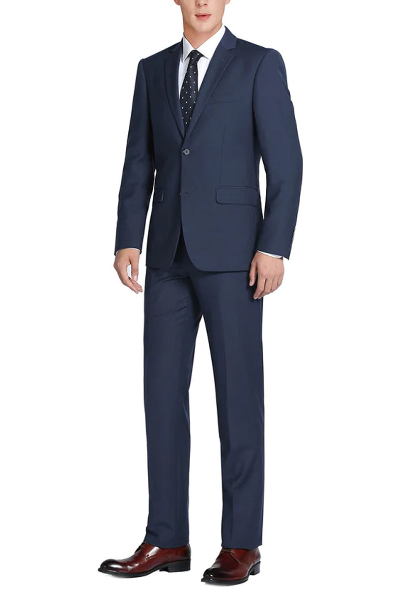 Mens Basic Two Button Slim Fit Wool Suit with Optional Vest in Indigo Blue