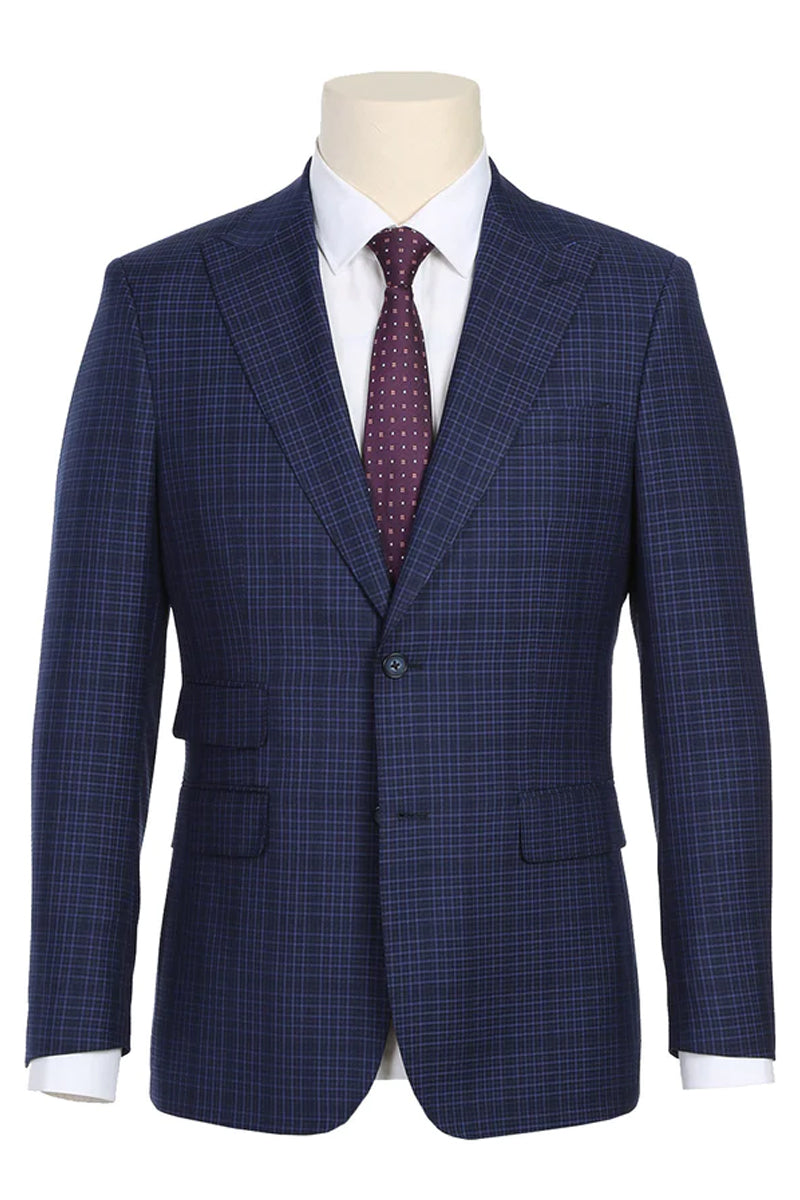 Mens English Laundry Two Button Slim Fit Peak Lapel Suit in Navy Blue Overcheck Plaid