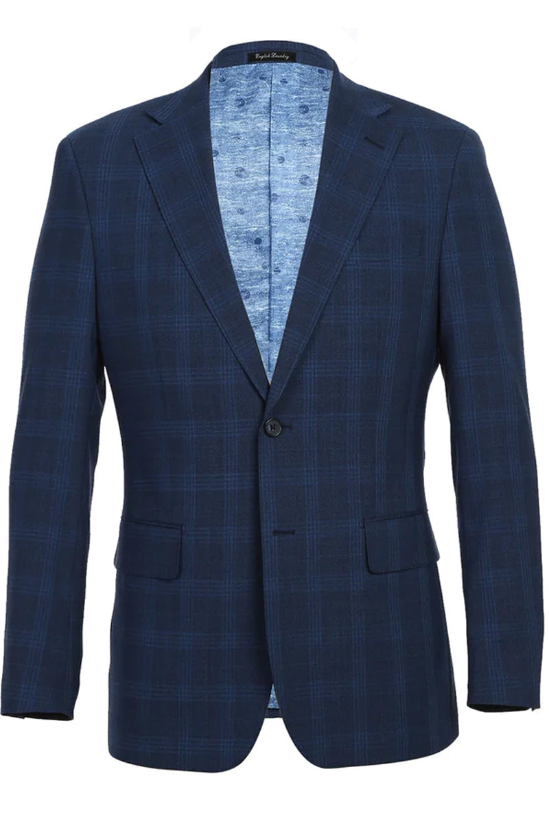 Mens English Laundry Two Button Slim Fit Notch Lapel Wool Suit in Airforce Blue Windopane Plaid 