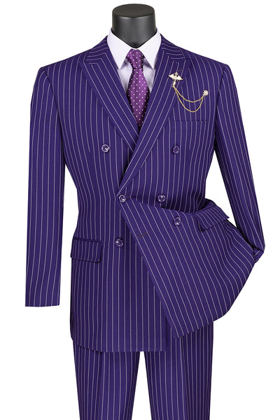 Mens Double Breasted Gangster Bold Pinstripe Suit in Purple