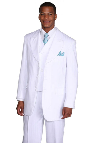 Mens Fashion Slanted Vested Peak Lapel Tonal Pinstripe Suit in White