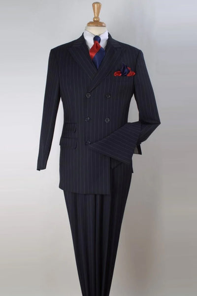 Mens Three Quarter Length Double Breasted Fashion Wool Vested Suit in Navy Pinstripe