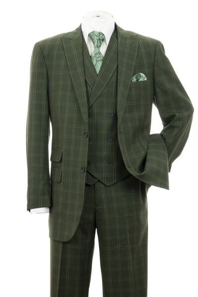 Mens 2 Button Double Breasted Vest Suit in Olive Windopane Plaid