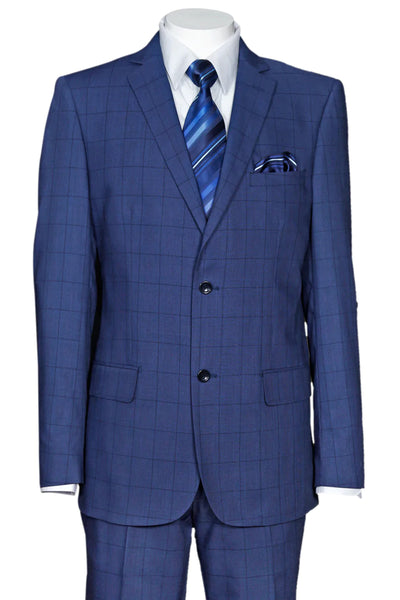Mens 2 Button Modern Fit Windowpane Plaid Suit in Navy Blue