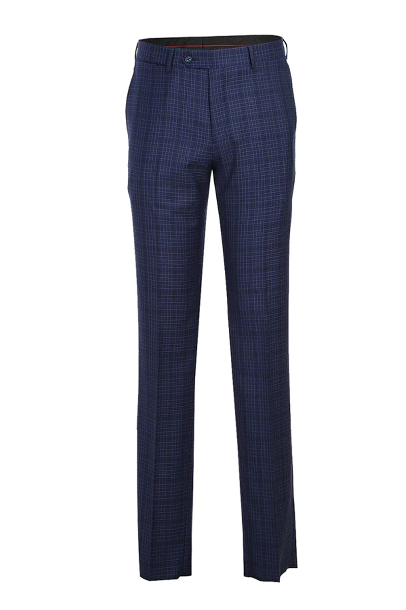 Mens Designer Two Button Slim Fit Peak Lapel Suit in Navy Blue Overcheck Plaid