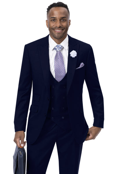 Mens Modern Two Button Vested Peak Lapel Suit with Double Breasted Vest in Navy Blue