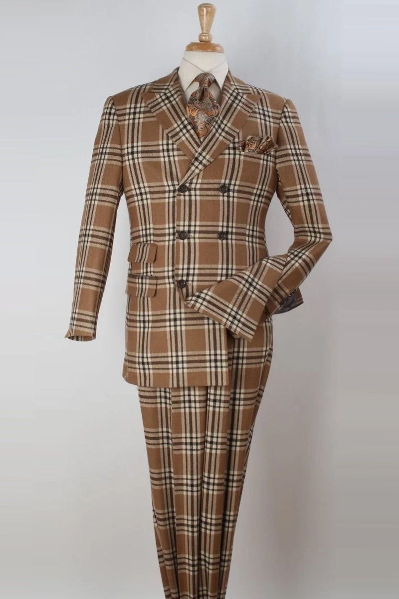 Mens Three Quarter Length Double Breasted Fashion Wool Vested Suit in Tan & Brown Windowpane Plaid