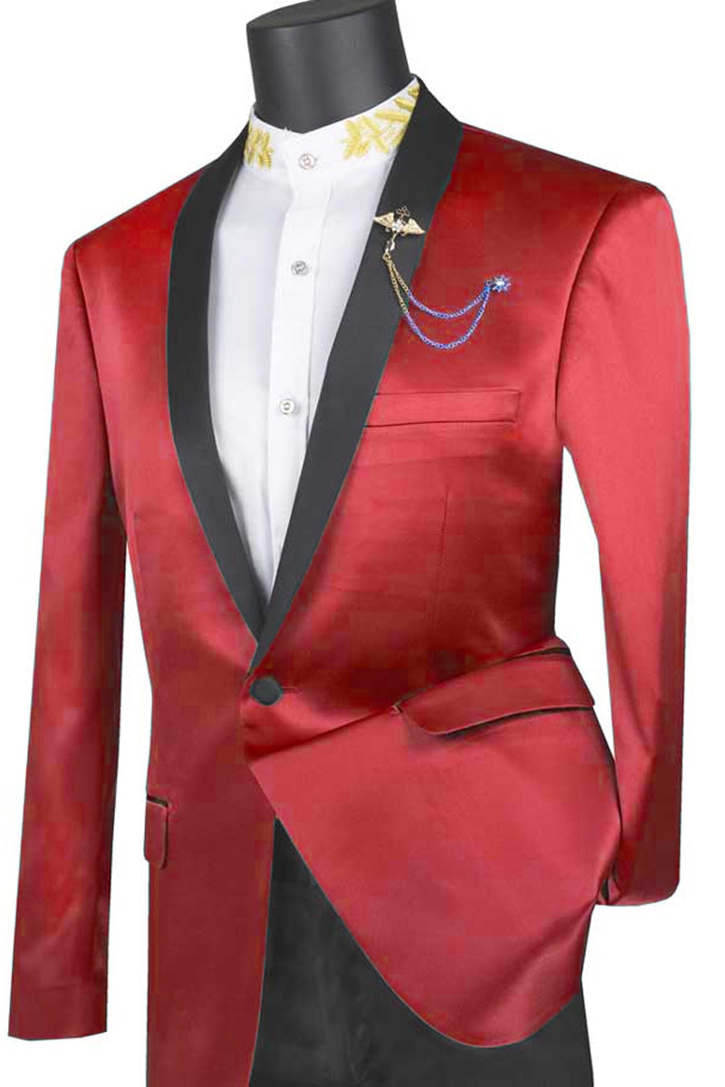 Mens Slim Fit One Button Shiny Satin Tuxedo Jacket in Red