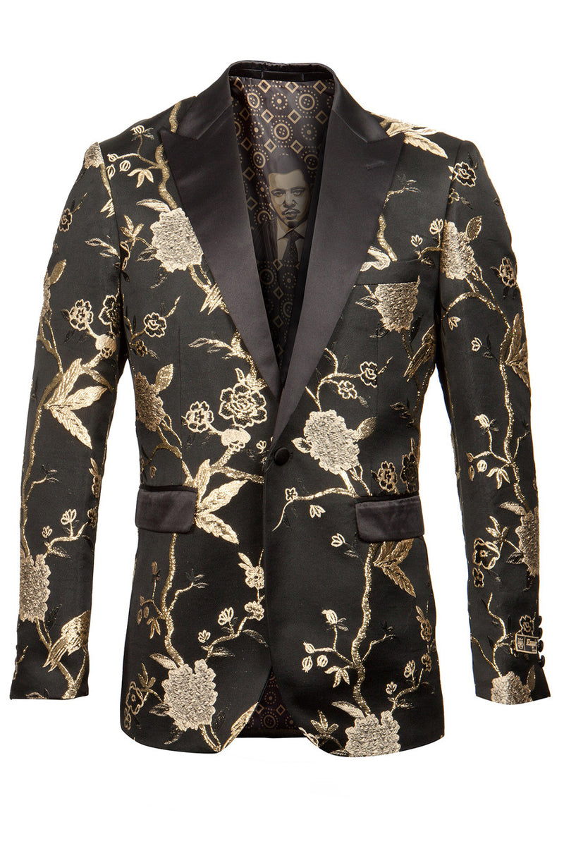 Men's Shiny Floral Satin Print Prom & Wedding Tuxedo Jacket in Black & Gold