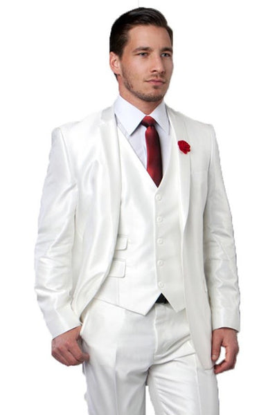 Men's Two Button Vested Shiny Sharkskin Wedding & Prom Fashion Suit in Ivory