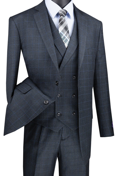 Mens 2 Button Double Breasted Vest Plaid Suit in Charcoal Grey