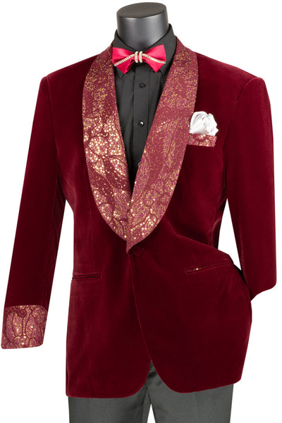 Mens Velvet Prom Smoking Jacket with Fancy Paisley Glitter Lapel and Cuff in Burgundy