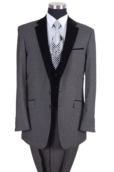 Mens Vested Modern Fit Tuxedo Suit in Grey with Black Velvet Lapel and Vest