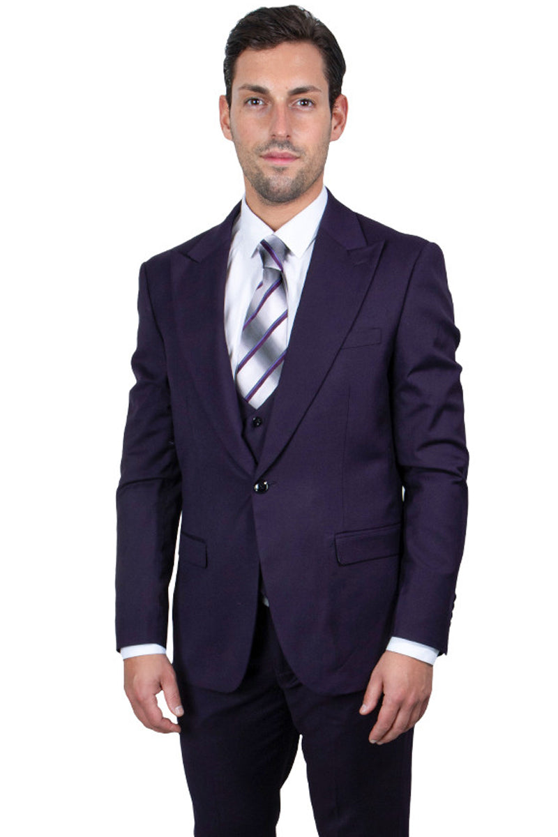 Stacy Adams Suit Fashionable Vest Eggplant Purple Big Lapels 3 Piece