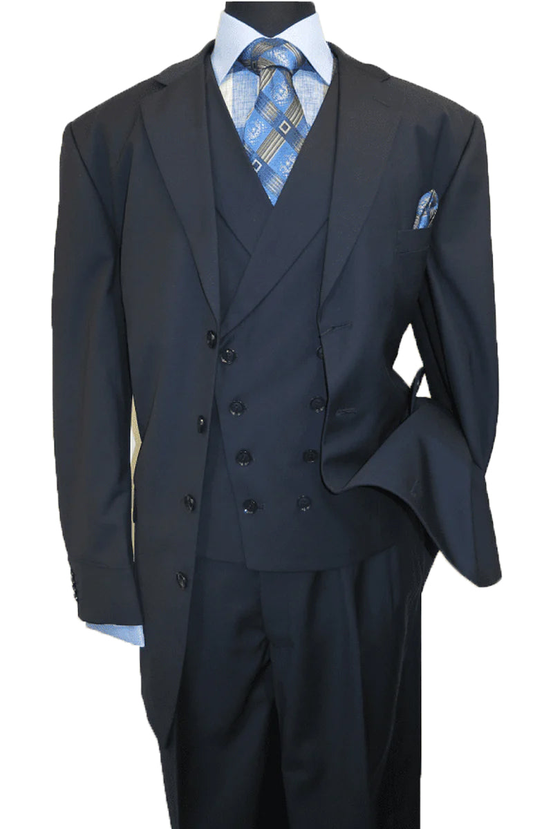 Mens 4 Button Fashion Suit with Double Breasted Vest in Navy Blue ...