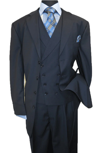 Mens 4 Button Fashion Suit with Double Breasted Vest in Navy Blue