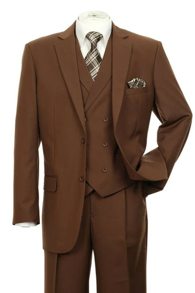 Mens 2 button Pleated Pant Suit in Brown With Double Breasted Vest