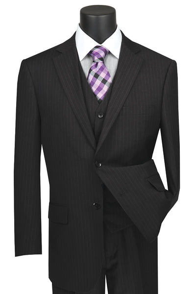 Mens Classic Fit Vested Pleated Pant Banker Pinstripe Suit in Black