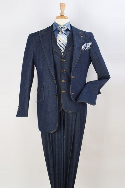 Mens 2 Button Peak Lapel Vested Denim Suit in Blue Jean Navy