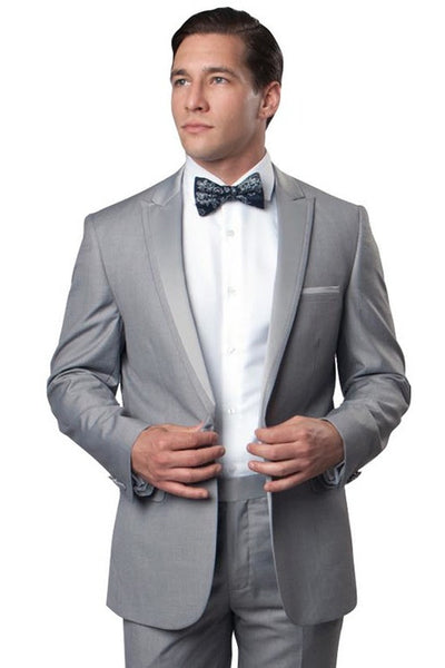 Men's Slim Fit One Button Satin Trim Peak Lapel Prom & Wedding Tuxedo in Light Grey