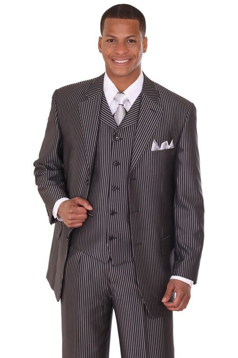 Mens 3 Button Vested Shiny Sharkskin Narrow Pinstripe Suit in Black ...
