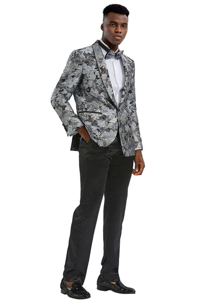 Men's Slim Fit Paisley Prom Tuxedo Jacket in Charcoal & Silver Grey