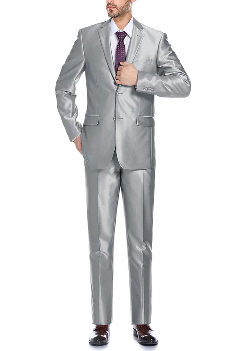 Mens Basic Two Button Slim Fit Suit with Optional Vest in Shiny Silver Grey Sharkskin