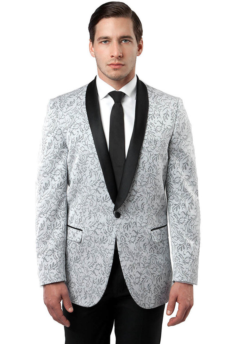 Men's One Button Shawl Lapel Paisley Tuxedo Jacket in Silver Grey