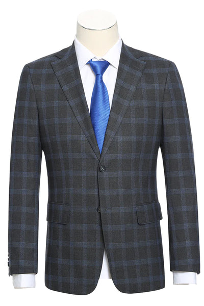 Mens English Laundry Two Button Slim Fit Notch Lapel Suit in Charcoal Grey Windowpane Plaid