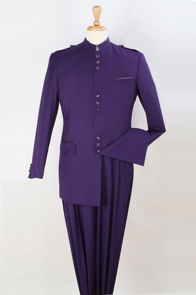 Mens Classic Military Banded Collar Mandarin Safari Suit in Purple